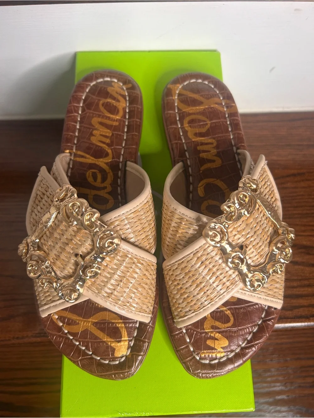 Sam Edelman Gracyn Woven Natural Crossband Slide Sandal with Gold Buckle, 5M - Picture 7 of 15